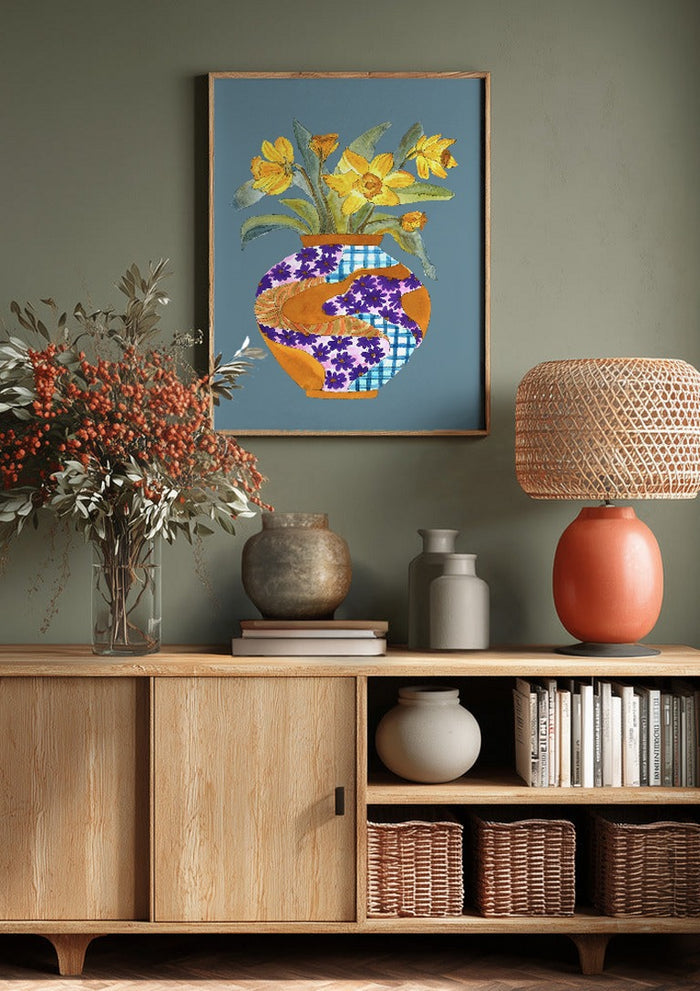 Narcissus by Marjorie Salvagni above a wooden sideboard on a sage green wall