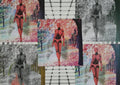 Nature by Kaiser - a coral-red female android walking through a pink autumn park, repeated in colour and grey panels