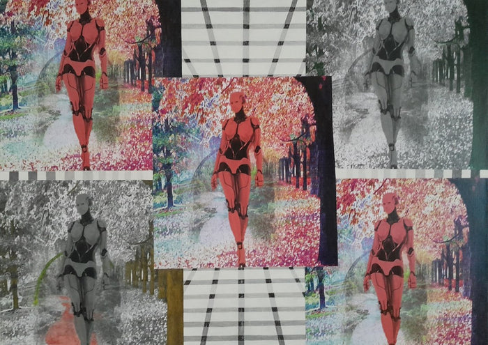 Nature by Kaiser - a coral-red female android walking through a pink autumn park, repeated in colour and grey panels
