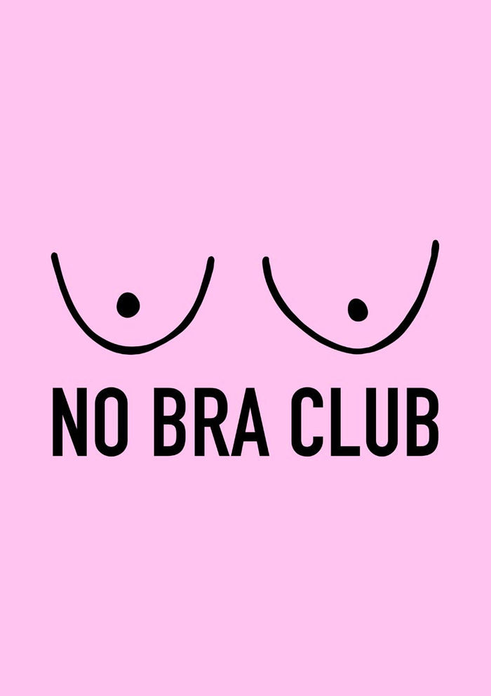 No Bra Club Pink poster by Lisen Vennesland with a minimal black line drawing on a bubblegum pink background