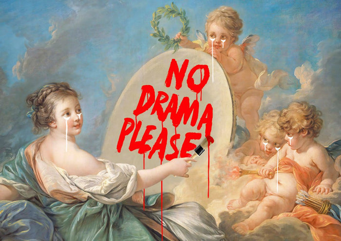 No Drama by Dikhotomy - a Boucher-style Rococo muse and weeping cherubs with NO DRAMA PLEASE painted in dripping red