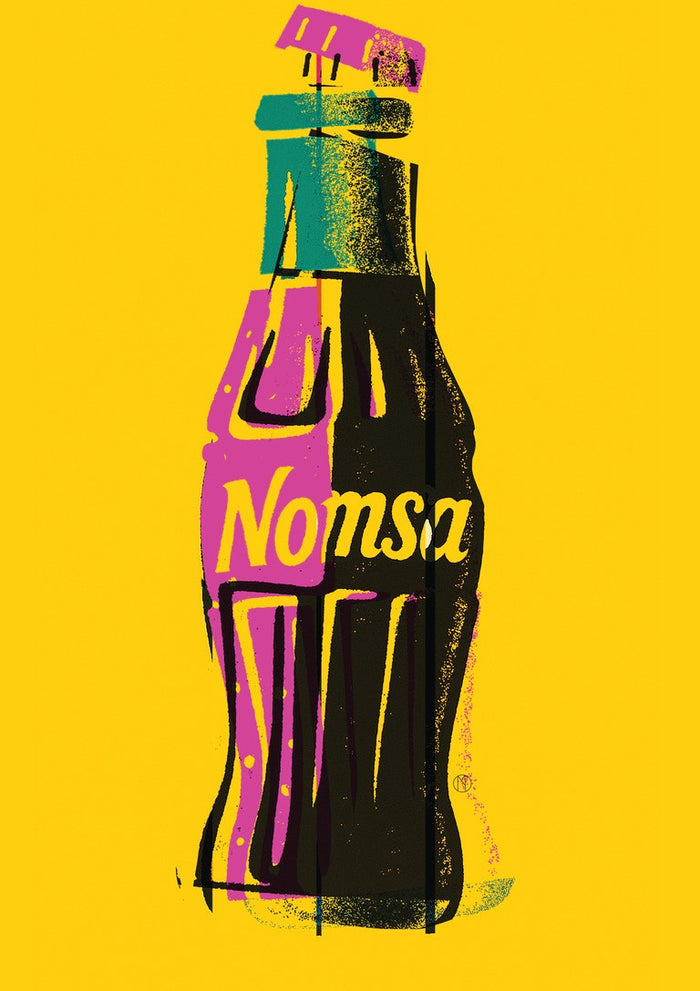 Nomsa by Monyuri - pop art cola-style bottle in pink and black on a bright yellow background
