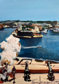 Noon Boom by Mariam De Giorgio — cannons on a sandstone bastion firing over a deep blue harbour in a cloud of white smoke