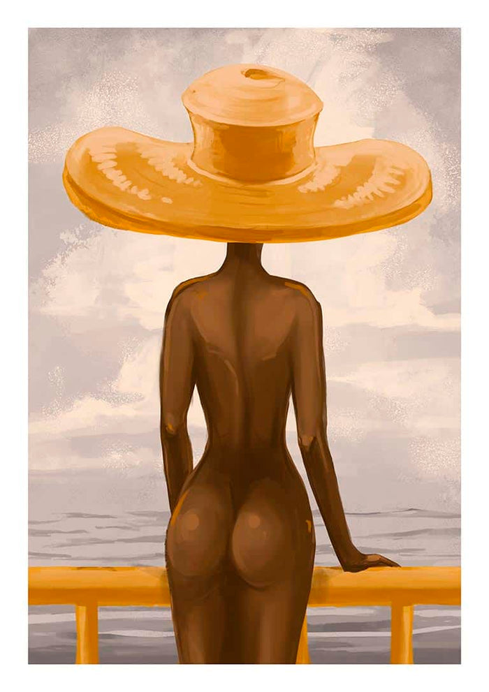 Painting of a nude figure in a wide hat facing the sea, inspired by Vincent V’s Nudes collection.