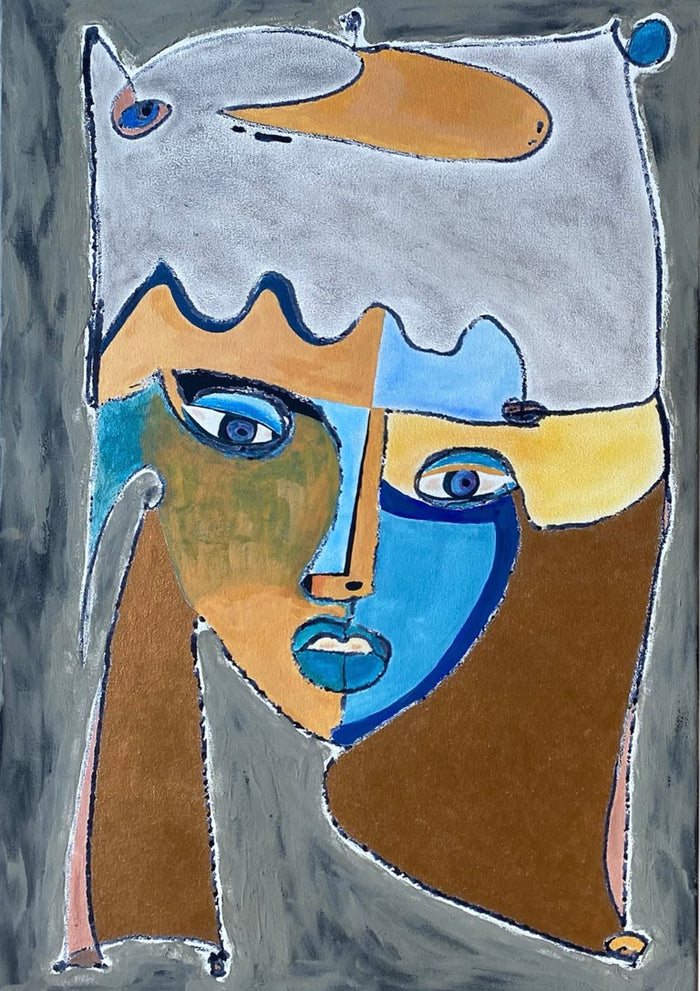 Nymfes Queen by Art Guveau - cubist face split into blue and ochre planes on grey