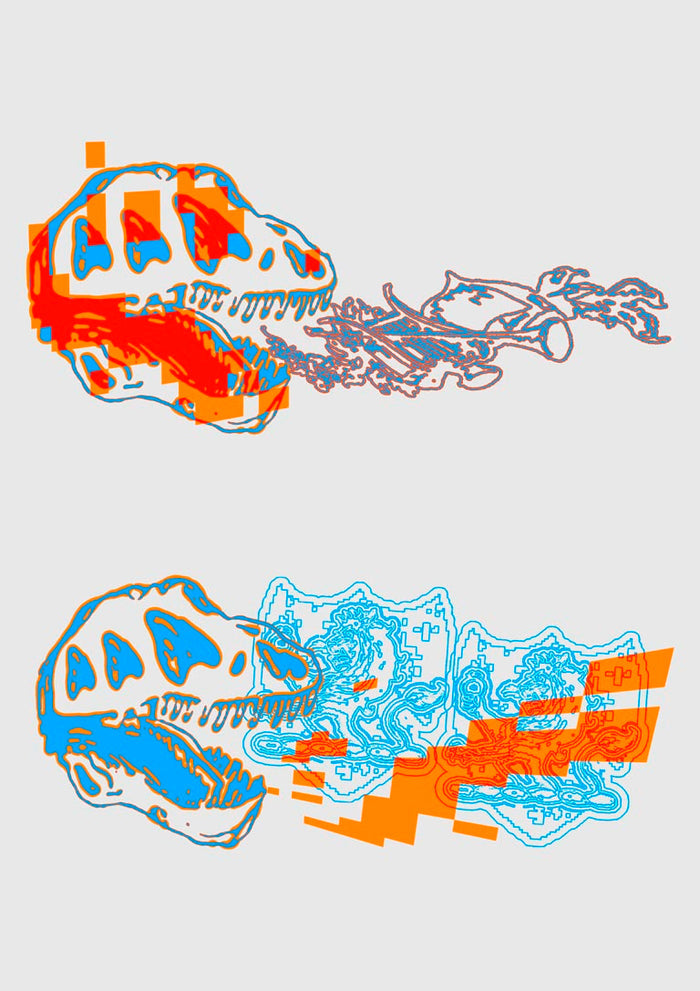 Obstract History by Francisco Gualter - dinosaur skull poster in blue and orange