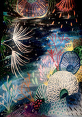 Ocean dreams by Debbie Seenan - white fronds and striped shells glowing on a deep navy sea