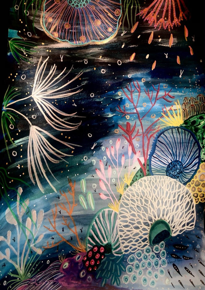 Ocean dreams by Debbie Seenan - white fronds and striped shells glowing on a deep navy sea
