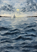 Ocean for my sister by Maya - rolling navy waves with a small white sailboat under a pale sun