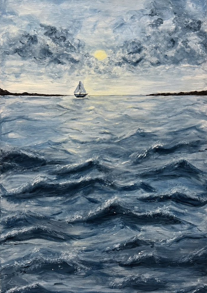 Ocean for my sister by Maya - rolling navy waves with a small white sailboat under a pale sun