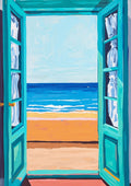 Ocean Views Through Turquoise Doors by Ohkimiko - open turquoise doors framing a blue sea and golden beach
