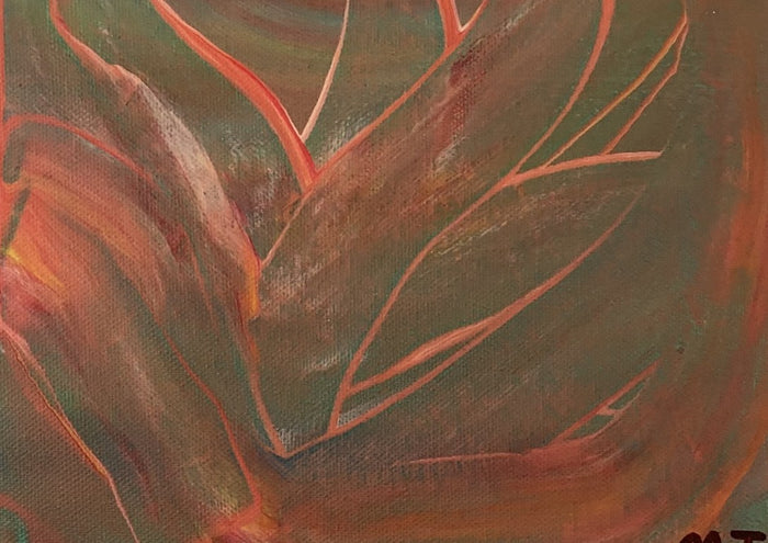October by Maria-Tia - coral leaf-vein lines fanning over an olive and rust ground