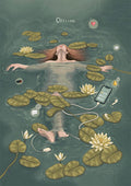 Offline poster by Lisen Vennesland with a woman floating among lily pads in a green pond beside her phone