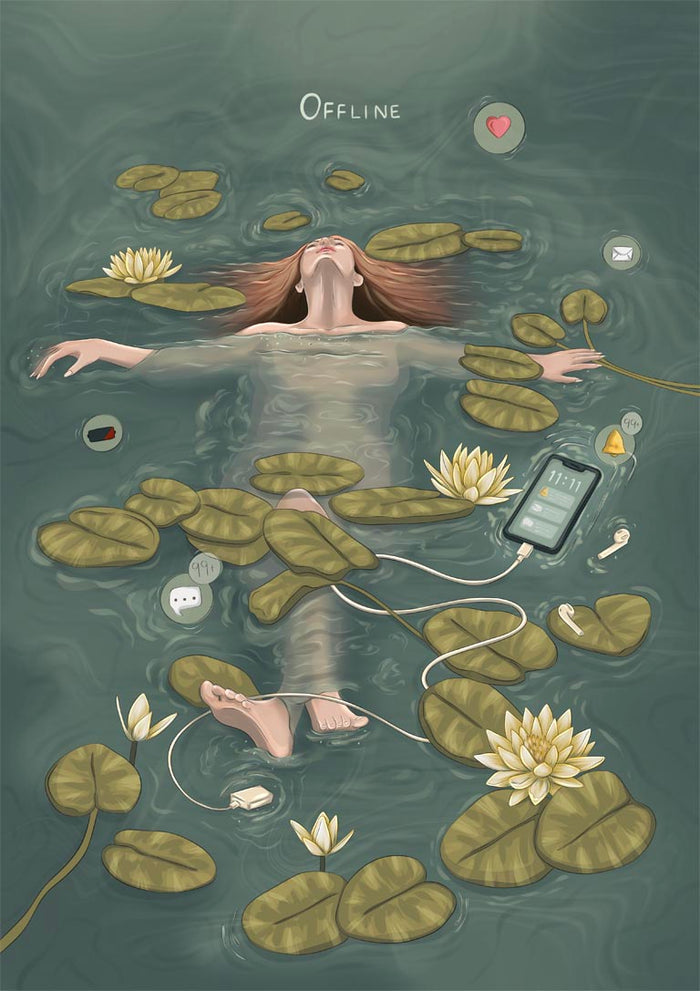Offline poster by Lisen Vennesland with a woman floating among lily pads in a green pond beside her phone