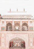 Intricately detailed facade of an old Indian building featured on a decorative wall poster.