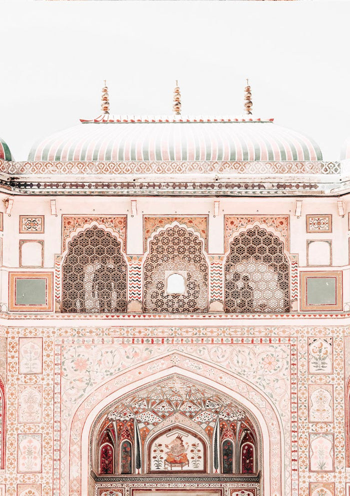 Intricately detailed facade of an old Indian building featured on a decorative wall poster.