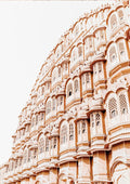 Old Indian palace facade with ornate windows and arches in warm, earthy tones. Wall art plakat design.