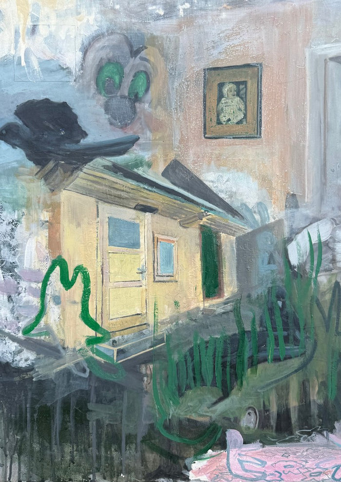 Old memories by Samuel - yellow house among reeds dissolving into grey washes