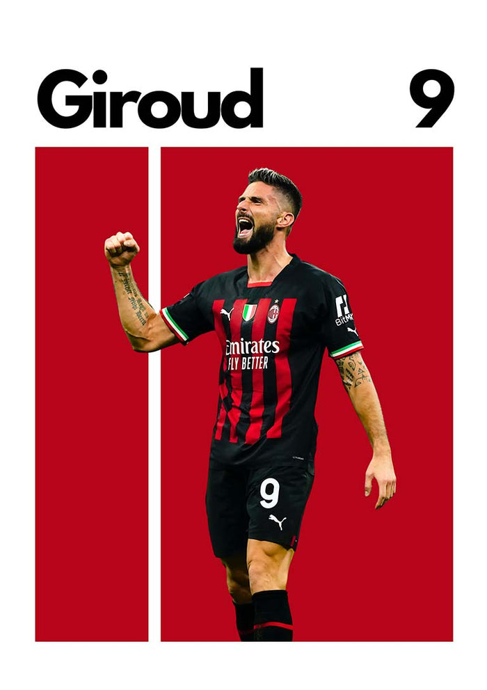 Football poster of Olivier Giroud celebrating in AC Milan kit with "Giroud 9" at the top.