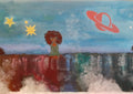 One with the Universe by Naïve Art by YLR - a small figure on a cliff under gold stars and a red ringed planet