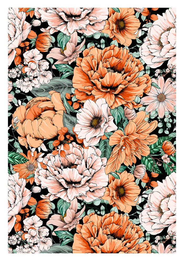 Illustration of orange and white flowers with green leaves on a dark background for Orange Flowers No. 1 Plakat.