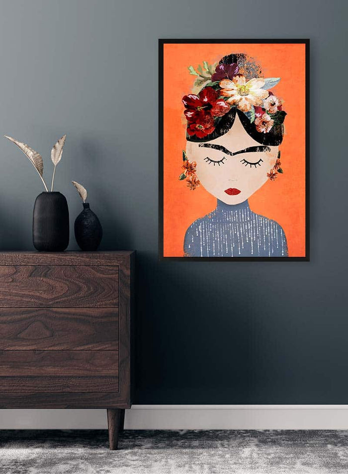 Framed Orange Mexican - Treechild artwork featuring a woman with floral headpiece, displayed above a modern dresser.