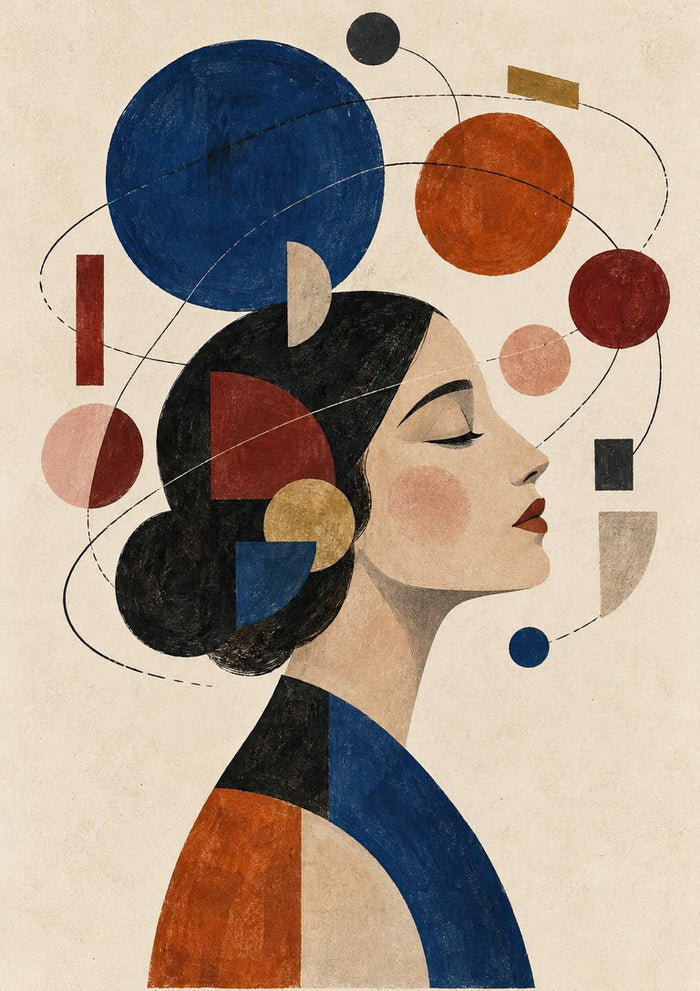 Orbiting Thoughts by Matthews Gallerie - a Bauhaus-style profile of a woman surrounded by circles and orbit lines in blue, orange and red