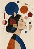 Orbiting Thoughts by Matthews Gallerie - a Bauhaus-style profile of a woman surrounded by circles and orbit lines in blue, orange and red