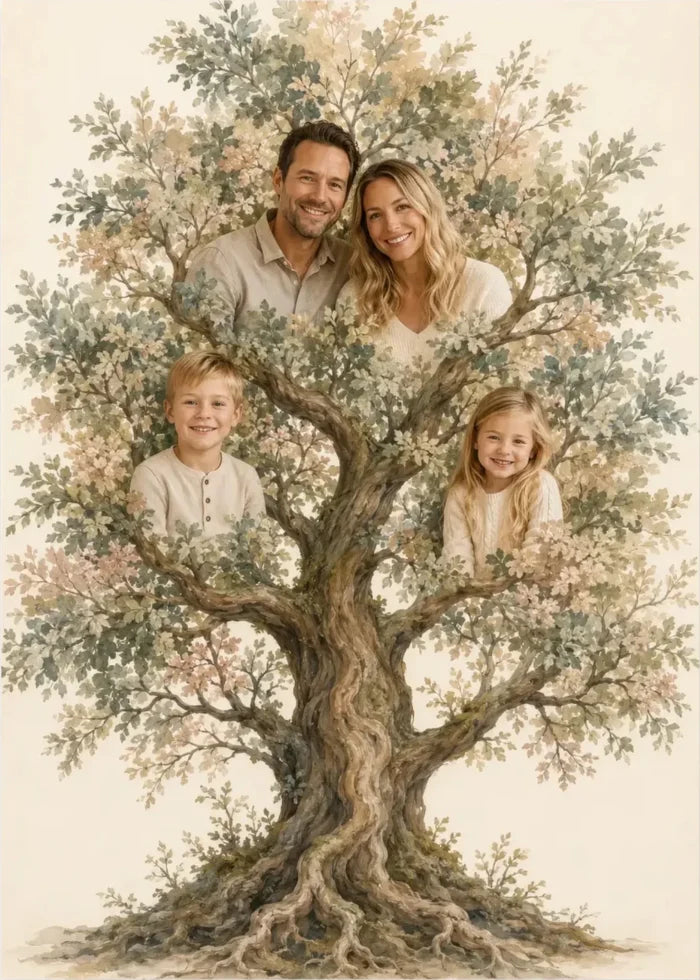 Our Family Tree personalised poster - family portrait painted into a tree