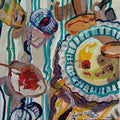 Outdoor breakfast by Mariam De Giorgio - tart, red berries and bread on a teal-striped cream cloth from above