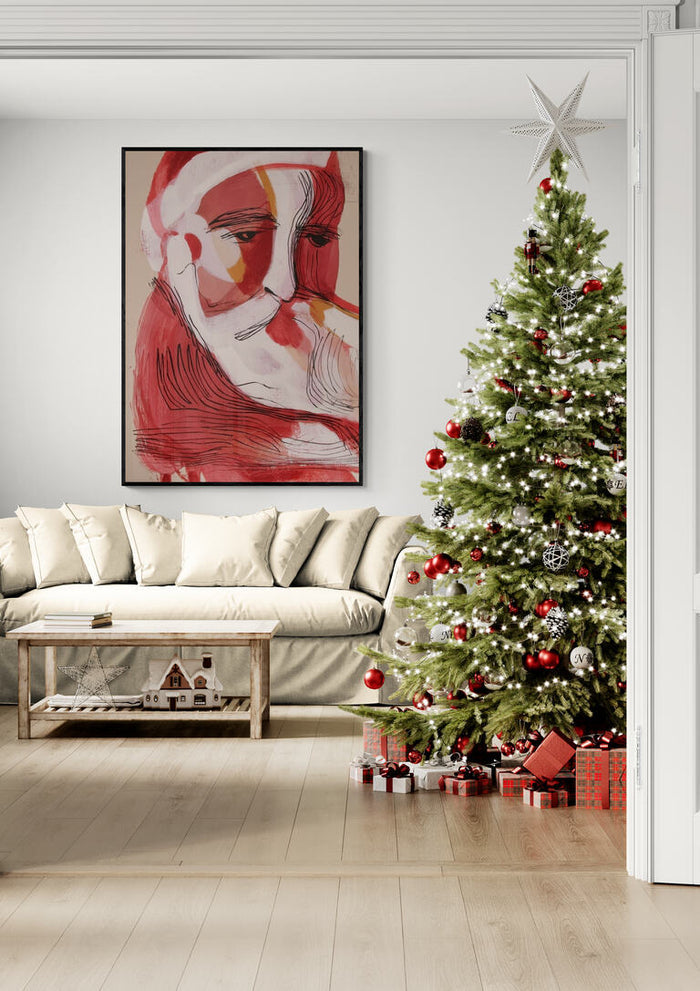 A modern living room with an abstract Overthinking Santa artwork and a decorated Christmas tree with gifts.