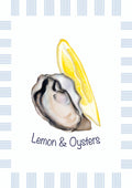 Oyster and Lemon poster by Lisen Vennesland with an opened oyster and a lemon wedge framed by blue stripes