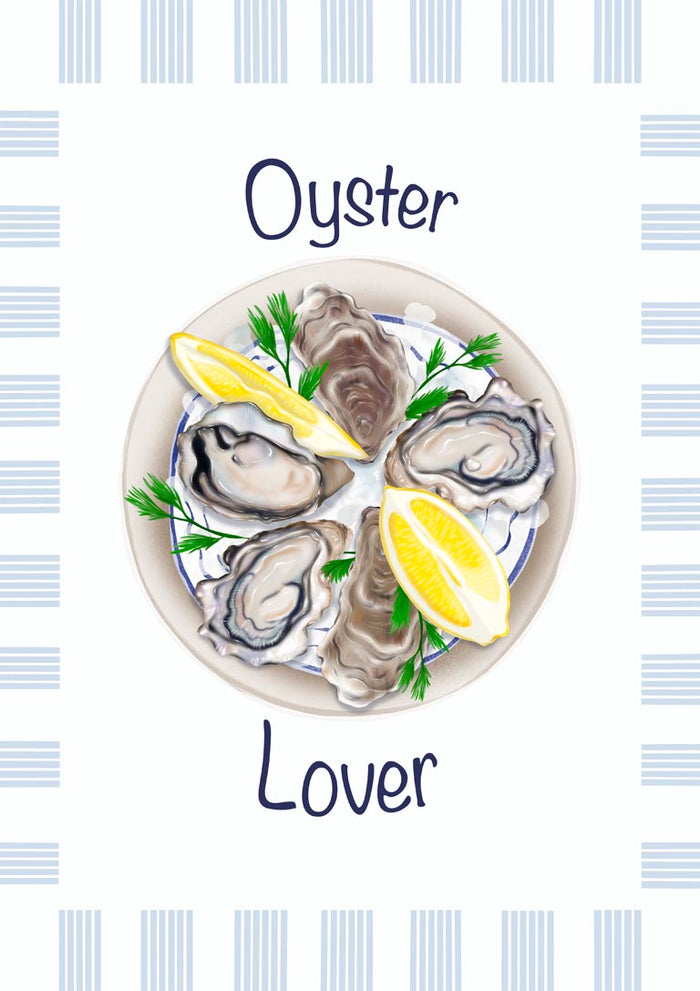 Oyster Lover poster by Lisen Vennesland with six oysters, lemon and dill on a plate framed by blue stripes