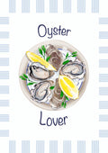 Oyster Lover poster by Lisen Vennesland with six oysters, lemon and dill on a plate framed by blue stripes