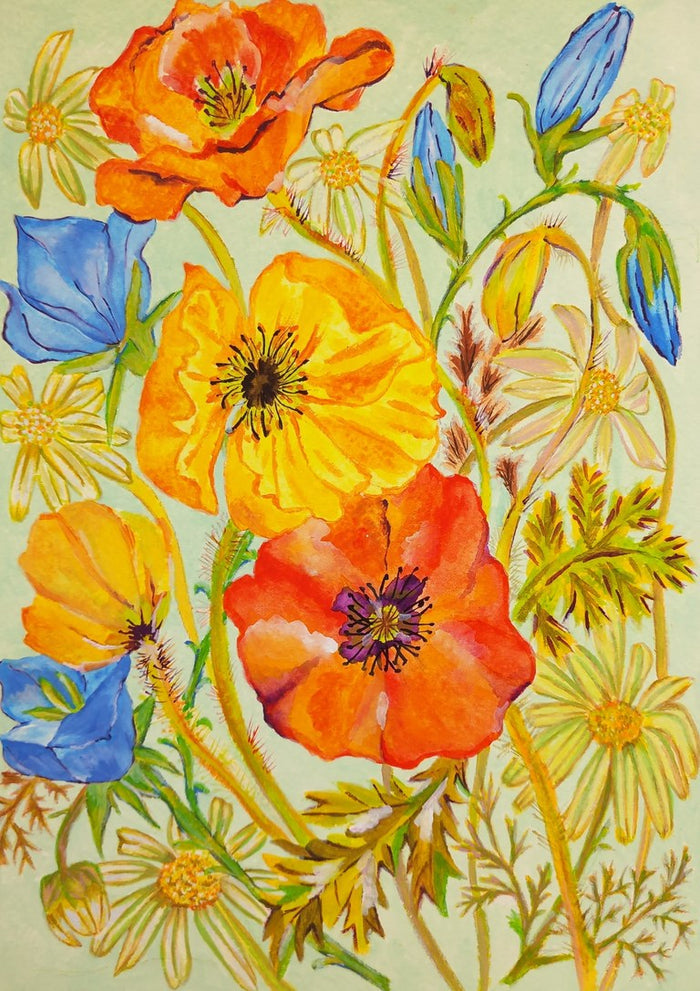 Papaveri e margherite by Maria Emanuela Fiori - orange poppies, blue bells and cream daisies on pale mint