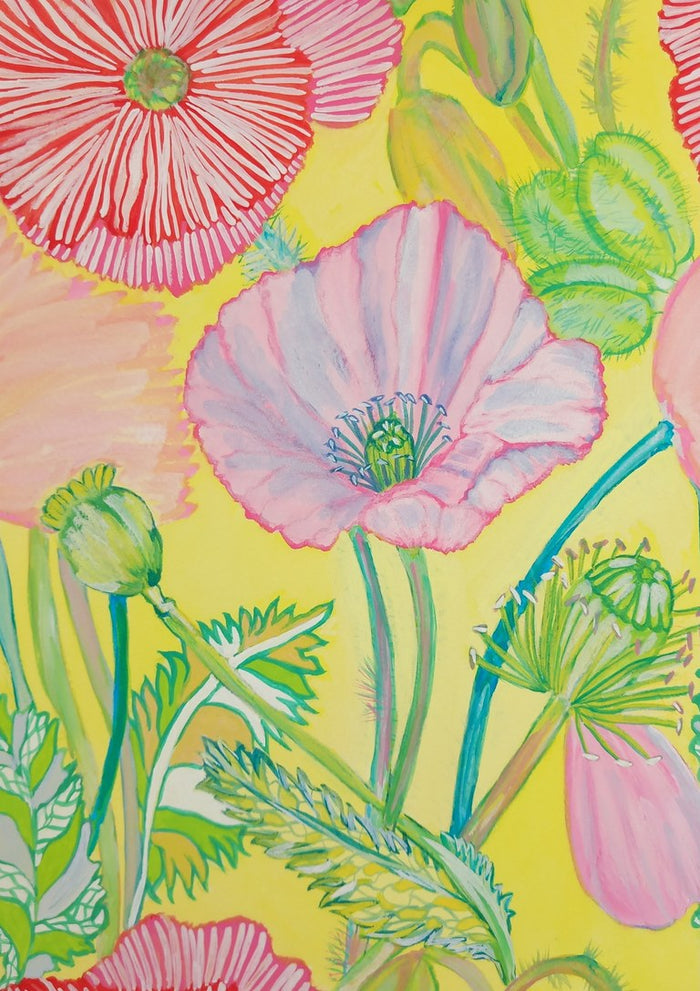 Papaveri viola by Maria Emanuela Fiori - pale pink and striped red poppies on a flat lemon yellow ground