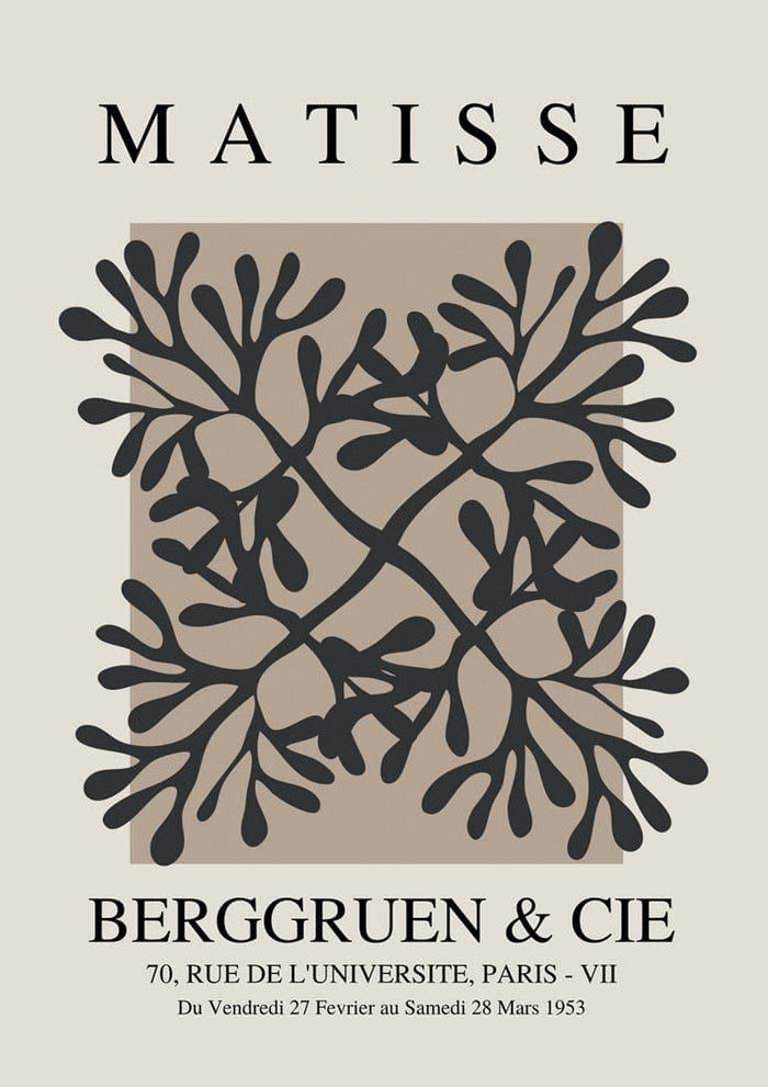 Abstract coral flower cut-out in black on beige, inspired by Matisse, featured on the Papier Decoupe Coral Flower Plakat.