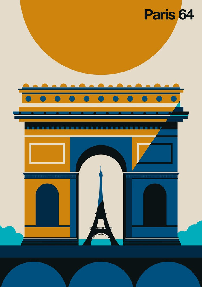Paris 64 by Bo Lundberg - retro illustration of the Arc de Triomphe framing the Eiffel Tower