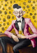 Stylish man in a pink tuxedo holding a drink, smiling against a yellow leopard-print background.