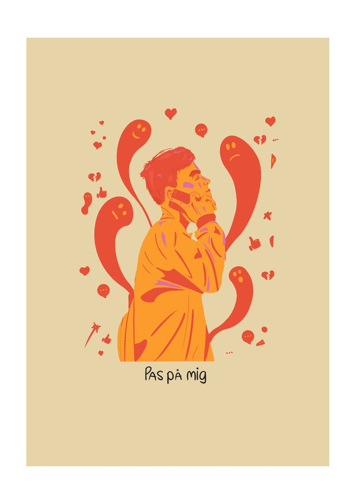 Pas På Mig by Jakob Falkenberg - a man on the phone among red emoji faces, hearts and speech bubbles