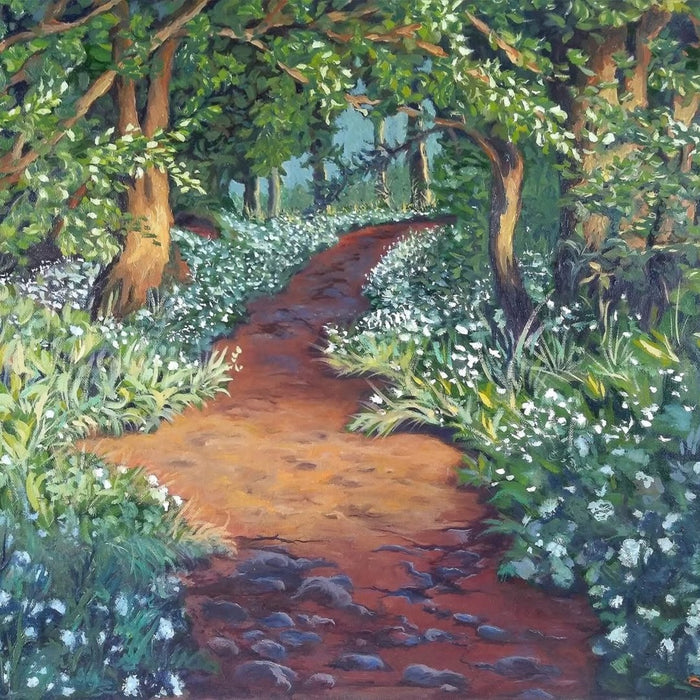 Path Through the Blossom by Cristina Iacob - a red earth path curving into a wood between white flowers