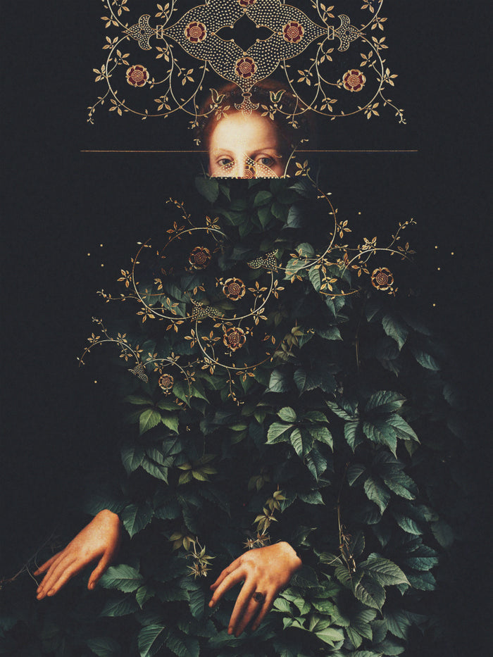 Surreal portrait of a woman partly hidden by green leaves and ornate floral patterns, from Patience II by Frank Moth.