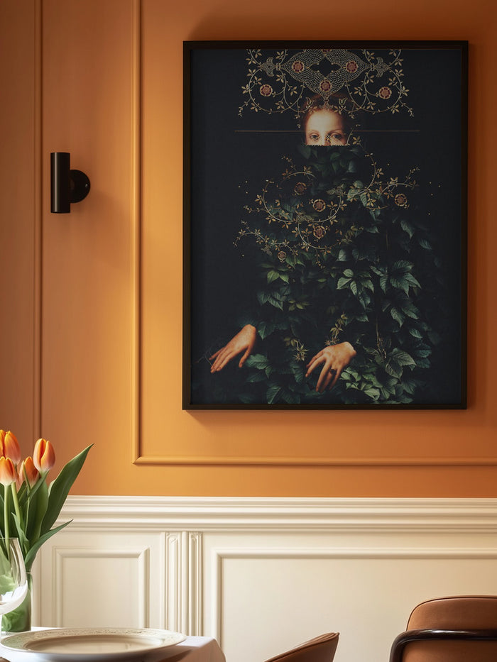 Framed "Patience II" by Frank Moth displayed on a peach wall above a dining table with tulips.