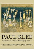 Poster for Paul Klee Exhibition 1959 featuring abstract figures and event details at Statens Museum for Kunst.