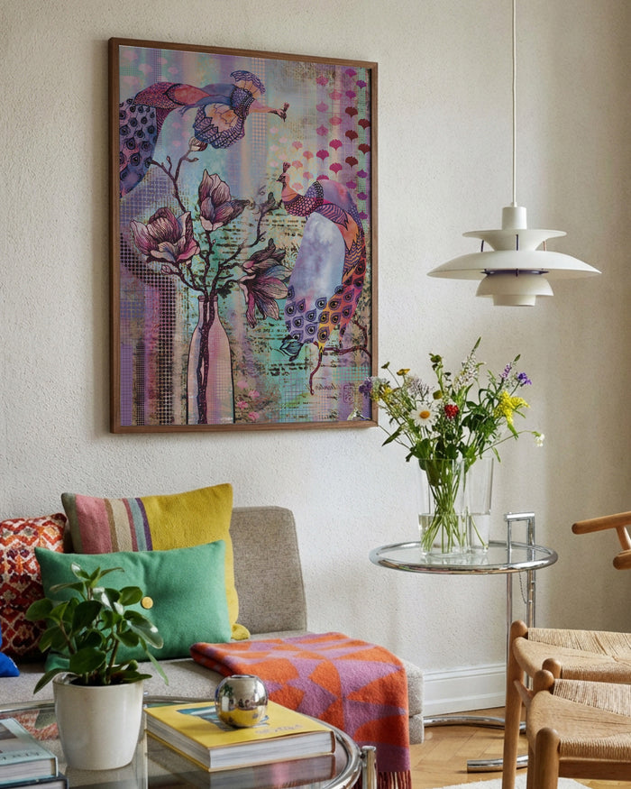 Peacocks & Magnolias by Enikő Marosváry-Kramcsák framed in a bright living room