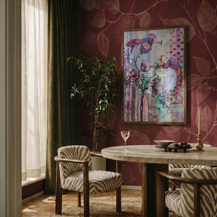 Peacocks & Magnolias by Enikő Marosváry-Kramcsák framed on a deep red patterned wall