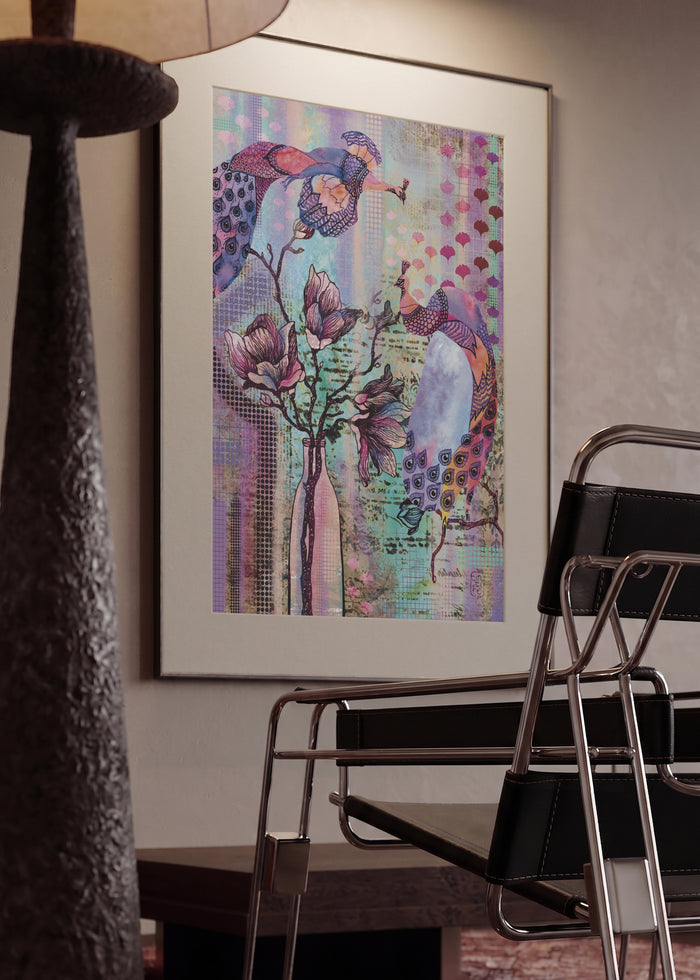 Peacocks & Magnolias by Enikő Marosváry-Kramcsák in a mounted frame in a modern interior