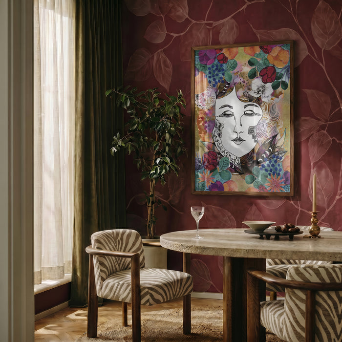 Pearl of Nature by Enikő Marosváry-Kramcsák framed on a deep red patterned wall