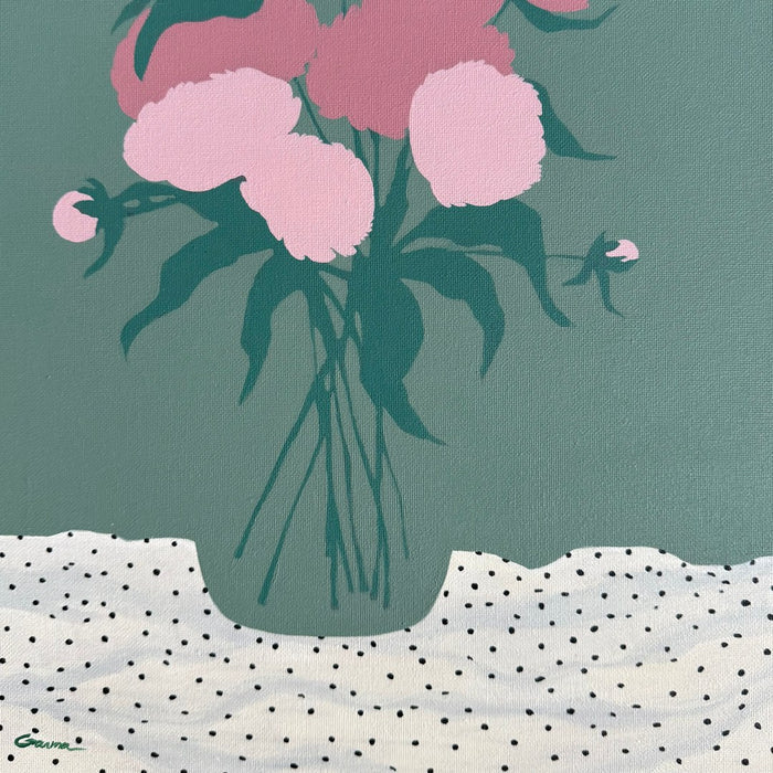 Peonies by Elva Garma - pink peonies in a teal vase on a white polka-dot cloth