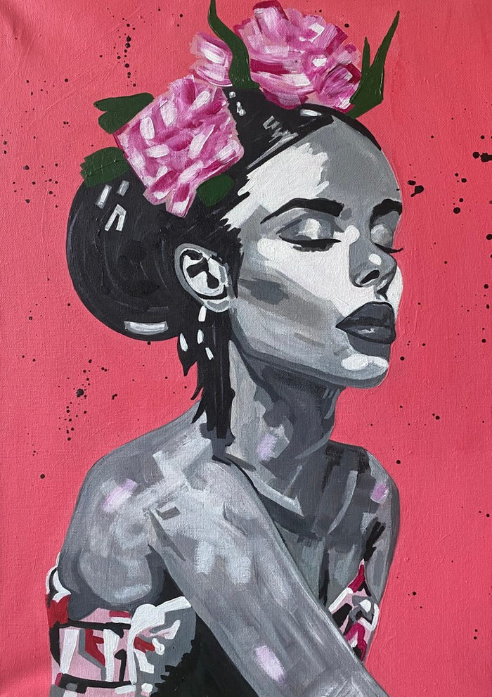 Peony Crown by Art By Biba - a grey portrait crowned with pink peonies against flat coral red